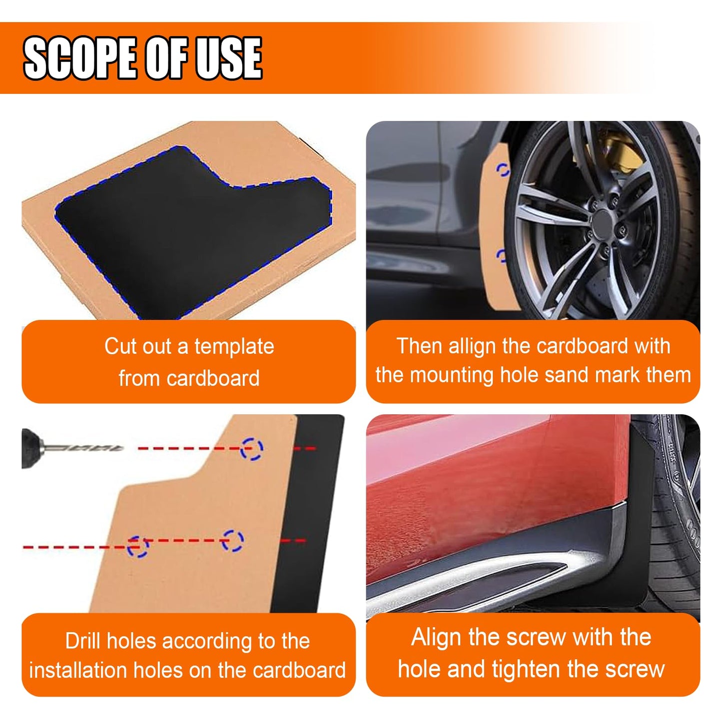 Universal Flexible Mud Flaps 4-Pack - with Fastener Clips for Pickup/SUV/Truck (Black)