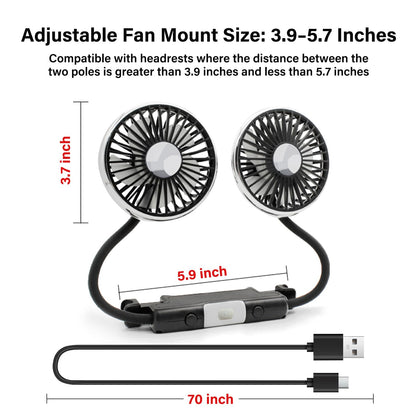 Dual Head Car Backseat Fan, 3-Speed with LED Light, USB Powered