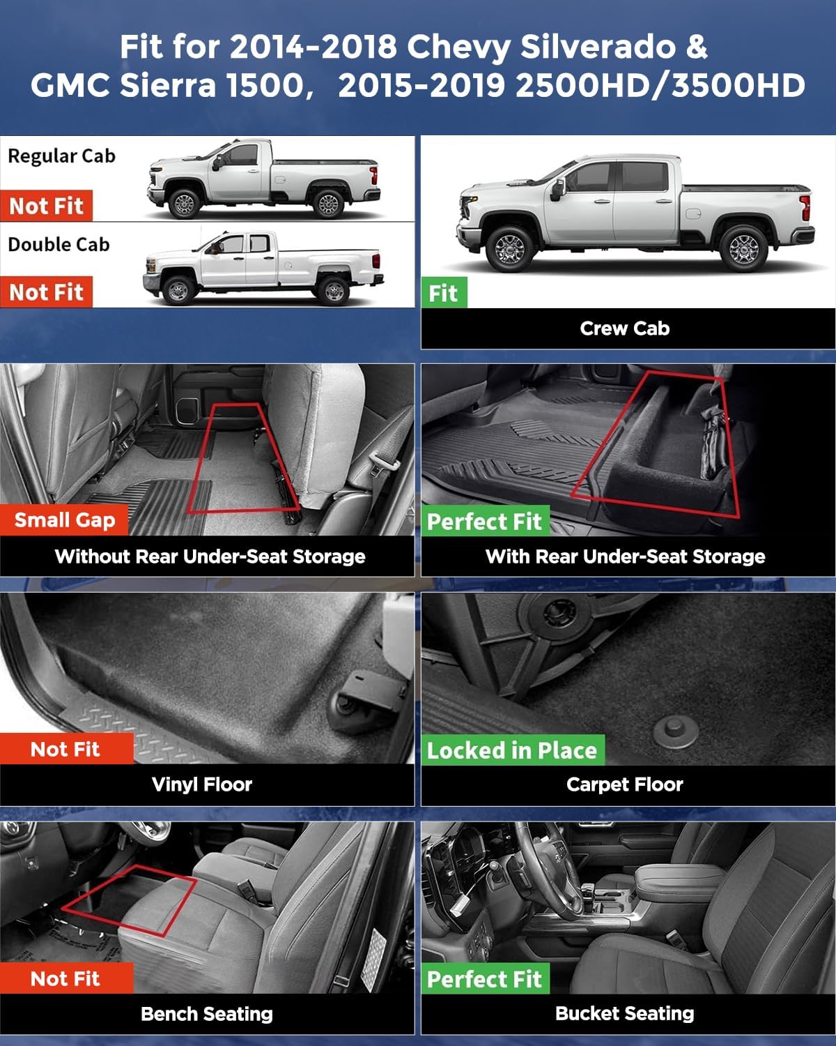 TPE Floor Mats for 2014-2018 Chevy/GMC 1500 & 2015-2019 HD Crew Cab (Bucket Seats) - All-Weather