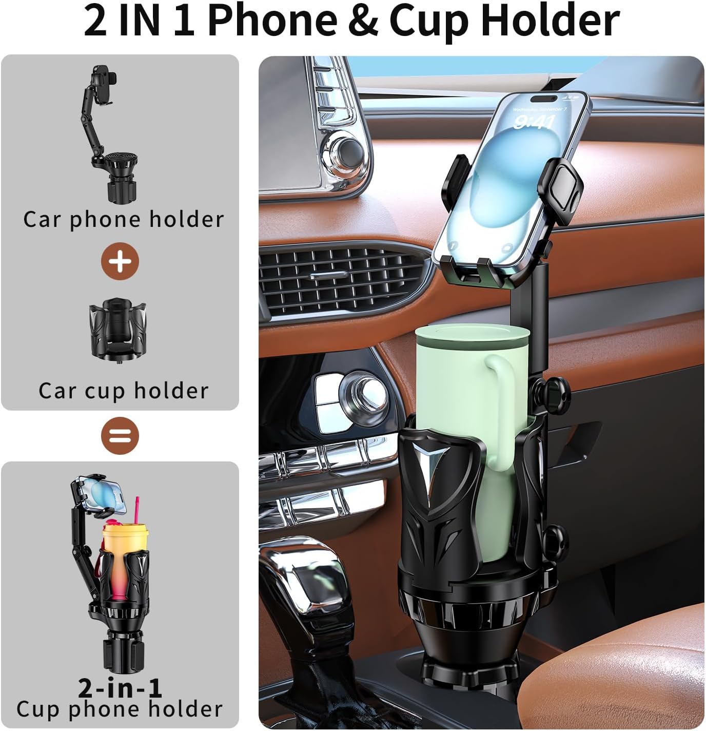 Adjustable Car Cup Holder Expander with Rubber Grip - Fits Up to 5.31" Drinks/Mugs, Universal Phone/Drink Holder