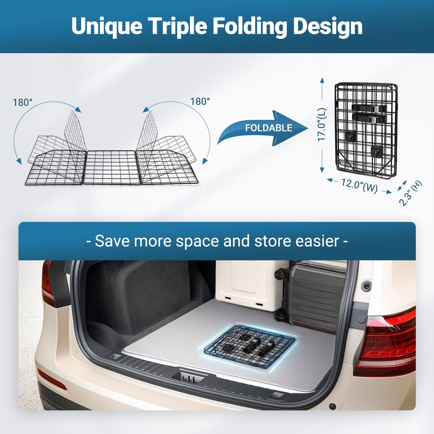 Triple-Folding Adjustable Dog Barrier - Heavy-Duty Wire Mesh for SUV/Van Cargo Area, Universal Fit