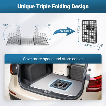 Triple-Folding Adjustable Dog Barrier - Heavy-Duty Wire Mesh for SUV/Van Cargo Area, Universal Fit