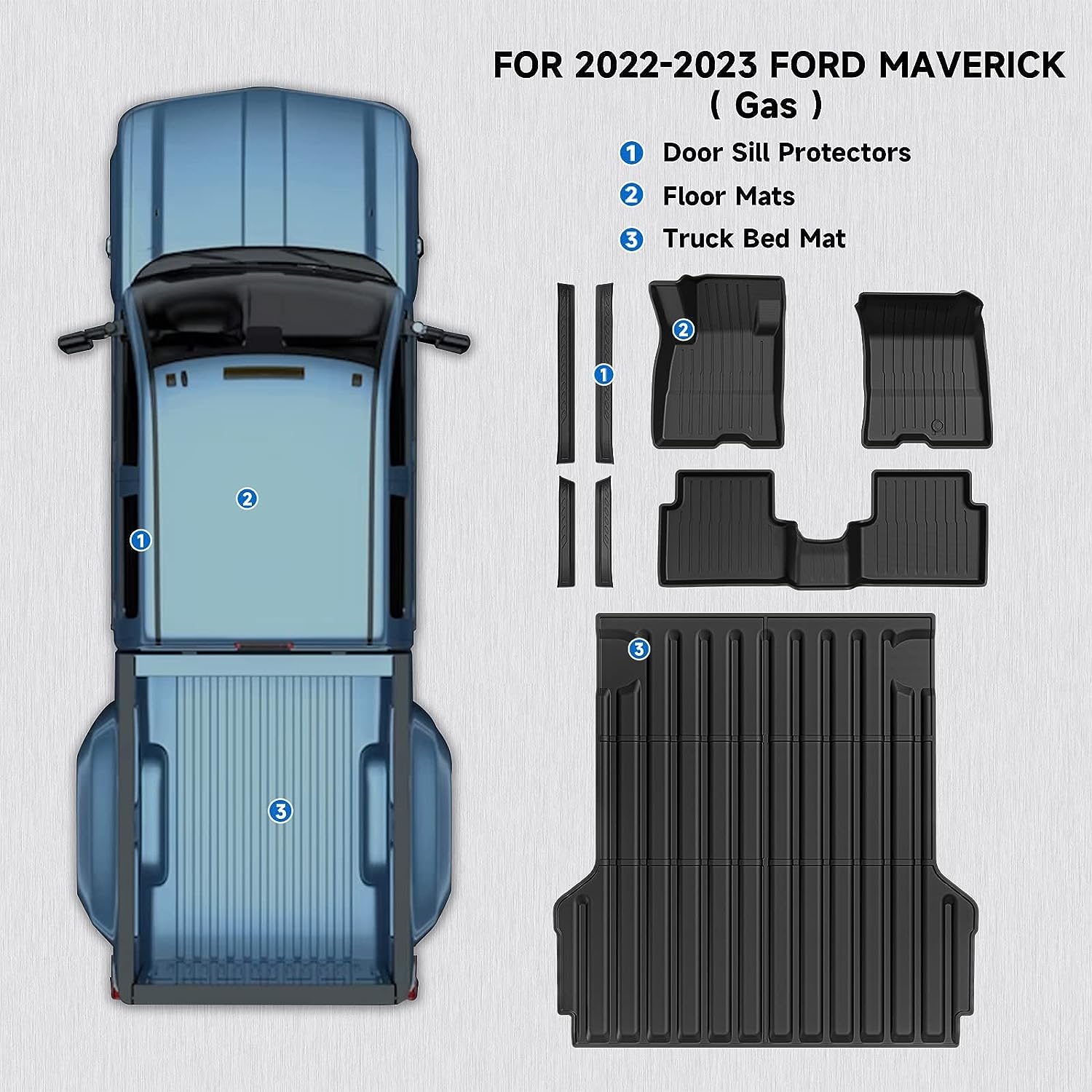 Truck Bed Mat Floor Mats and Door Sill Protectors for Ford Maverick 2022 2023 - OHMU