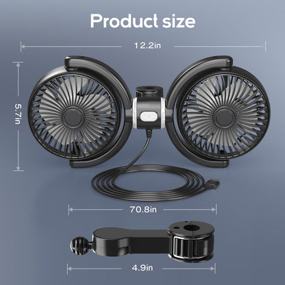 Dual Head USB Car Fan for Backseat, 3-Speed Circulation Cooling
