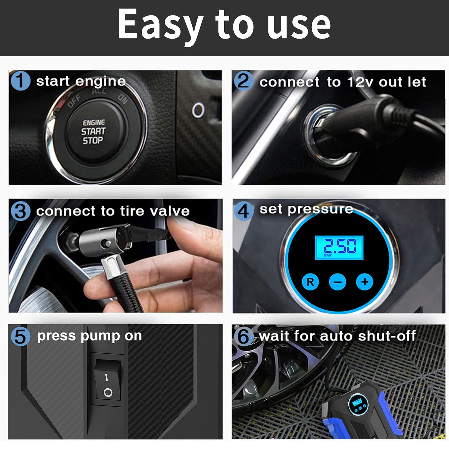 12V Portable Digital Tire Inflator with LED Light - Car Auto Air Compressor