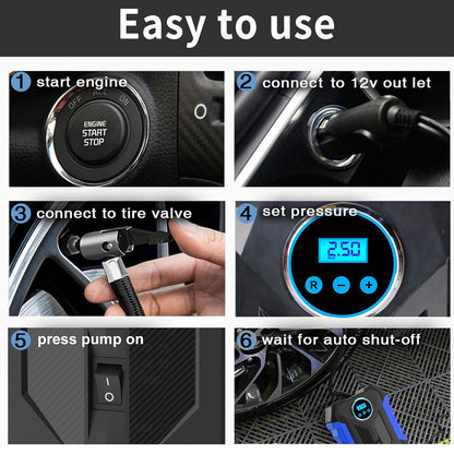 12V Portable Digital Tire Inflator with LED Light - Car Auto Air Compressor
