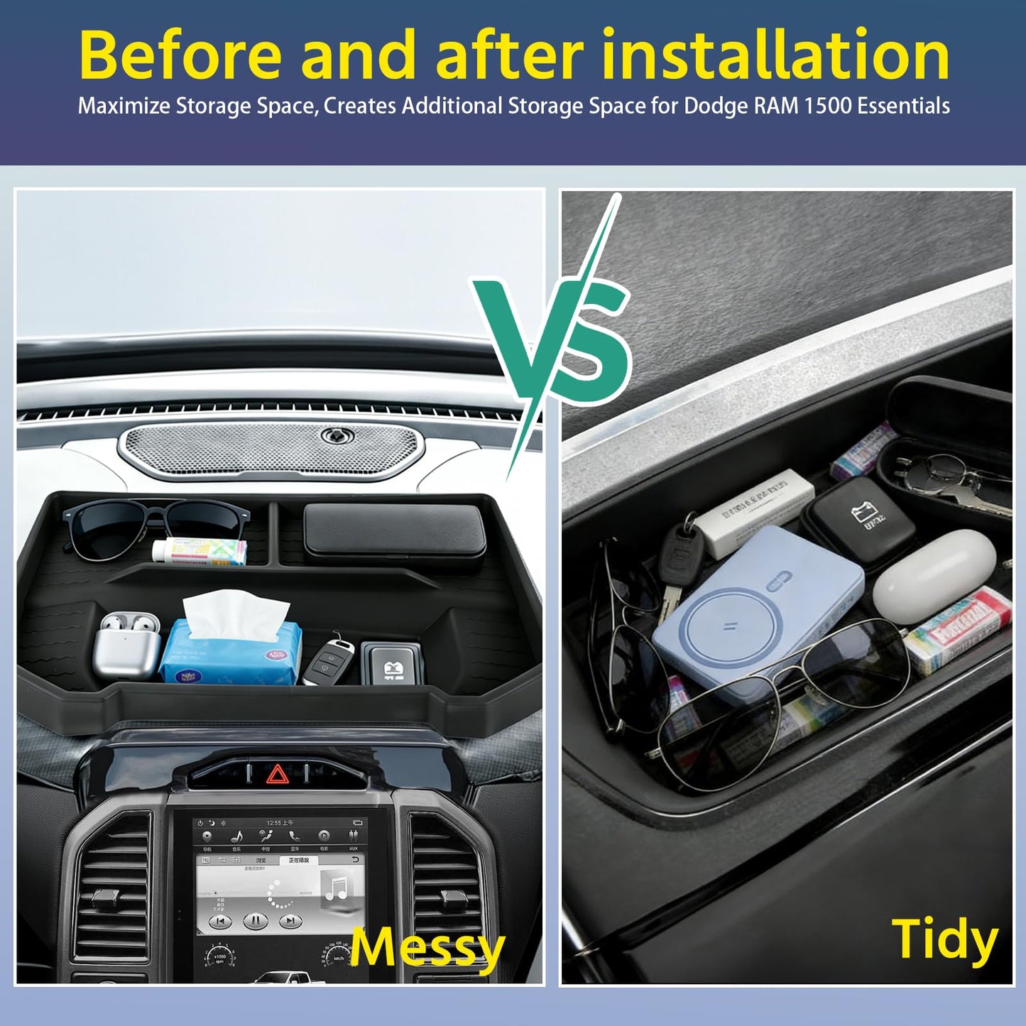 Dashboard Storage Tray for 2019-2026 Ram 1500 w/ 12"/14.4" Uconnect Screen (Excludes 8.4") - Non-Slip Organizer