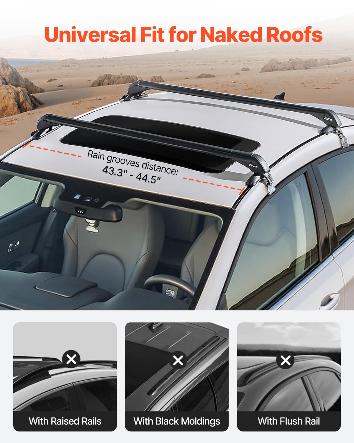 Universal Roof Rack Cross Bars for Naked Roofs - 165 lb Capacity, Lockable Aluminum