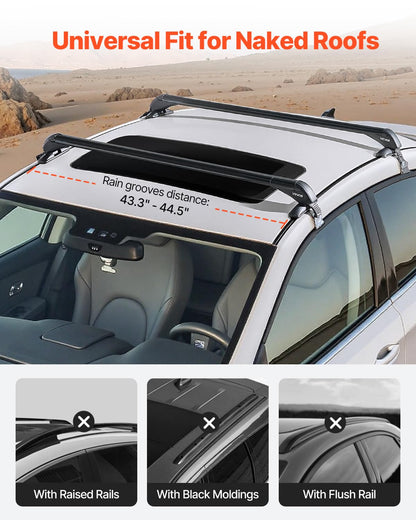 Universal Roof Rack Cross Bars for Naked Roofs - 165 lb Capacity, Lockable Aluminum