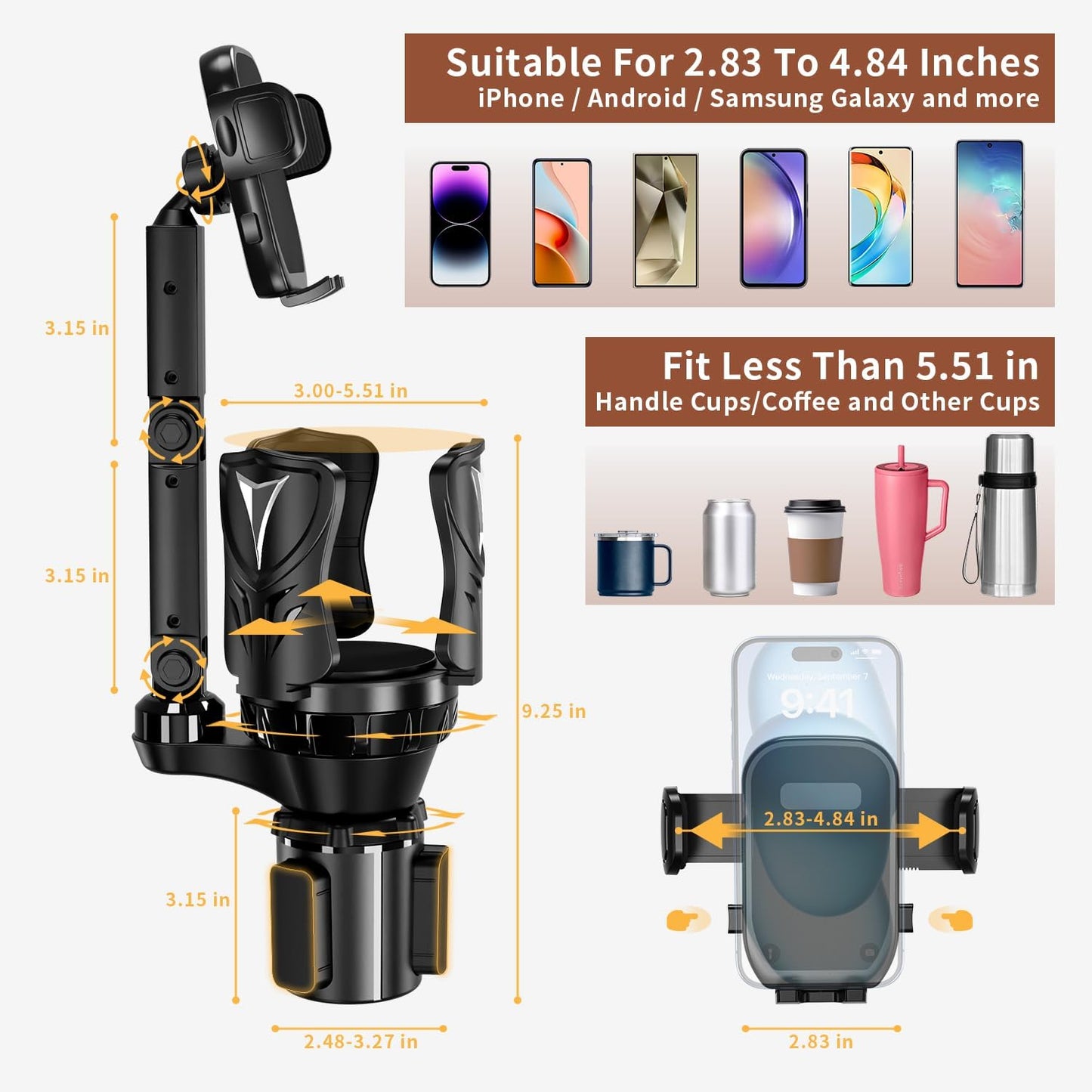 Adjustable Car Cup Holder Expander with Rubber Grip - Fits Up to 5.31" Drinks/Mugs, Universal Phone/Drink Holder