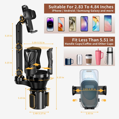 Adjustable Car Cup Holder Expander with Rubber Grip - Fits Up to 5.31" Drinks/Mugs, Universal Phone/Drink Holder