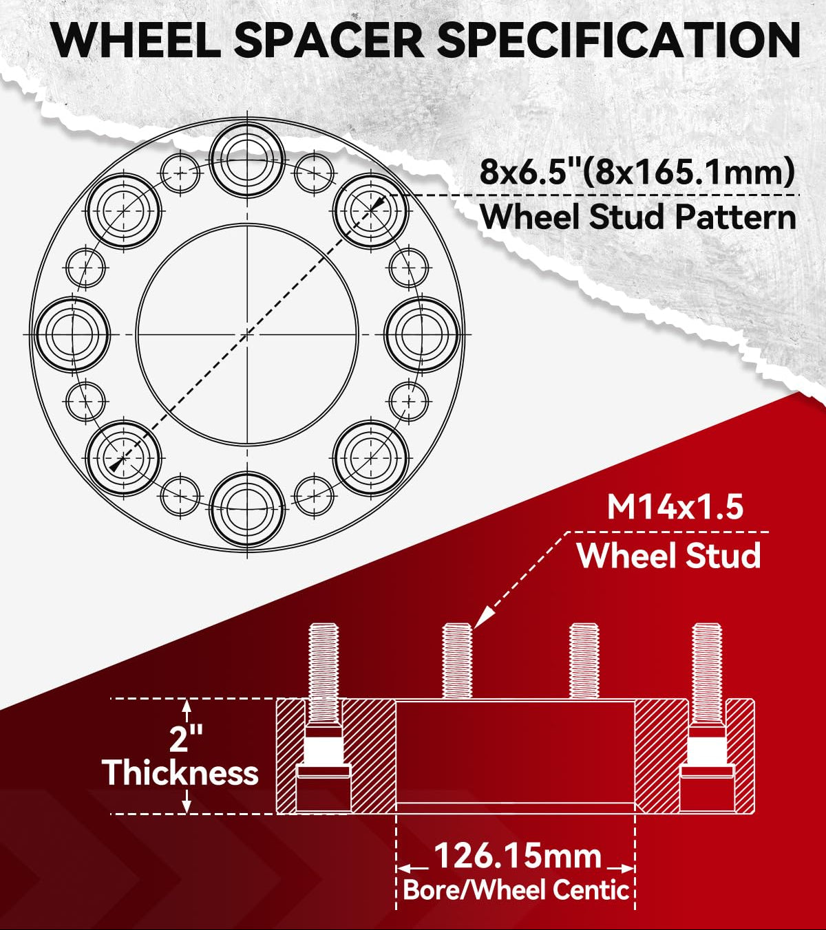 2" Forged Wheel Spacers (2-PCS) 8x165.1mm for 2013-2024 Ram 2500 & 2012-2018 Ram 3500 - M14x1.5, 126.15mm Bore