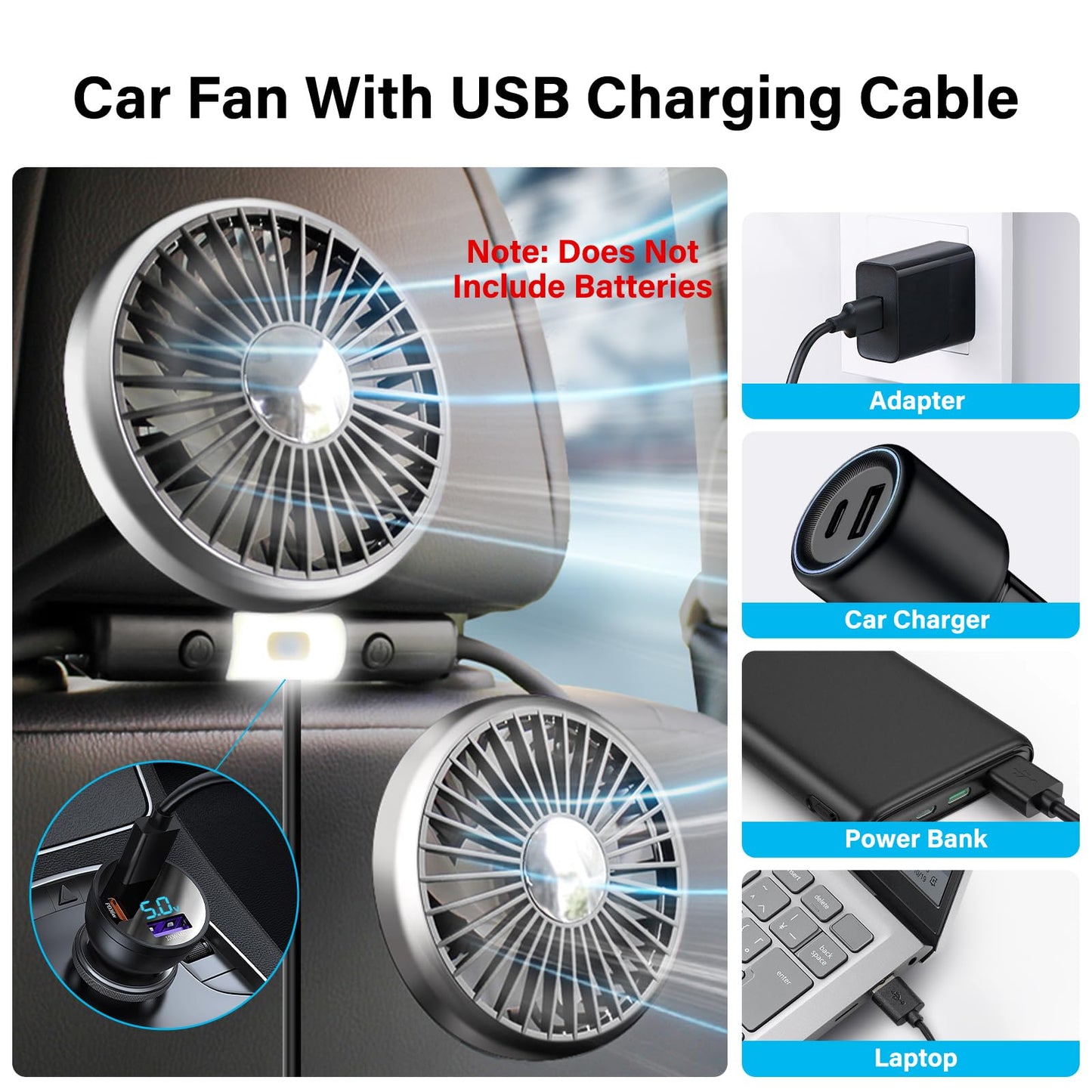 Dual Head Car Backseat Fan, 3-Speed with LED Light, USB Powered