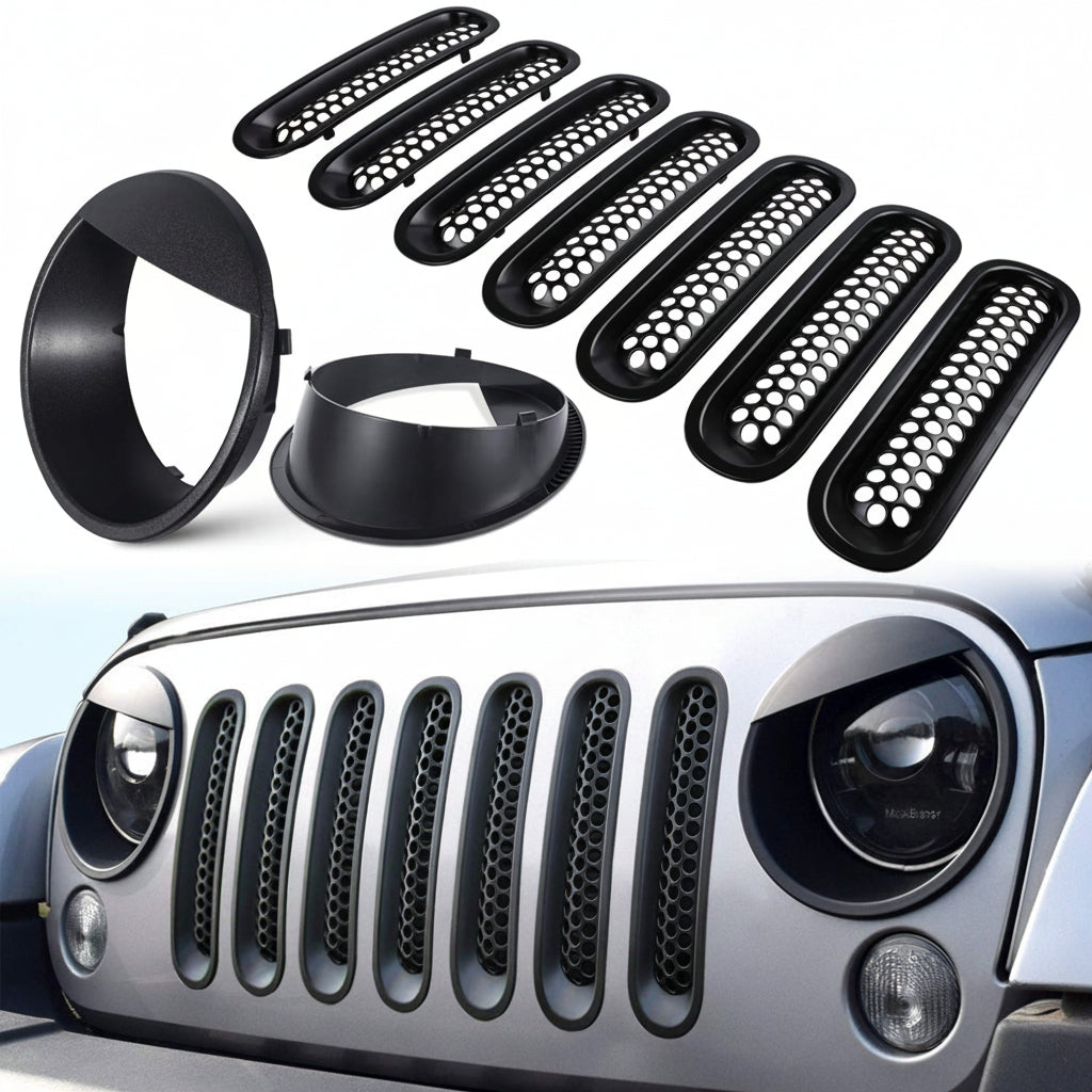 Matte Black Grille & Headlight Trim Set for Jeep Wrangler JK 2007-2018