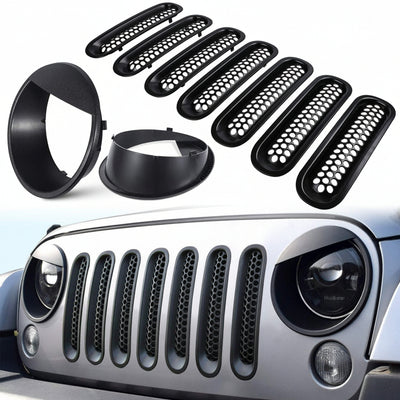 Matte Black Grille & Headlight Trim Set for Jeep Wrangler JK 2007-2017