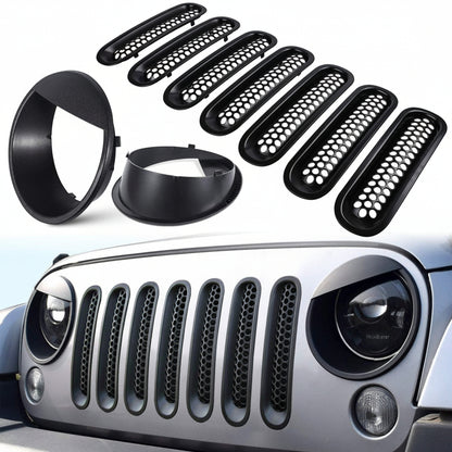 Matte Black Grille & Headlight Trim Set for Jeep Wrangler JK 2007-2018