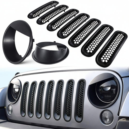 Matte Black Grille & Headlight Trim Set for Jeep Wrangler JK 2007-2018