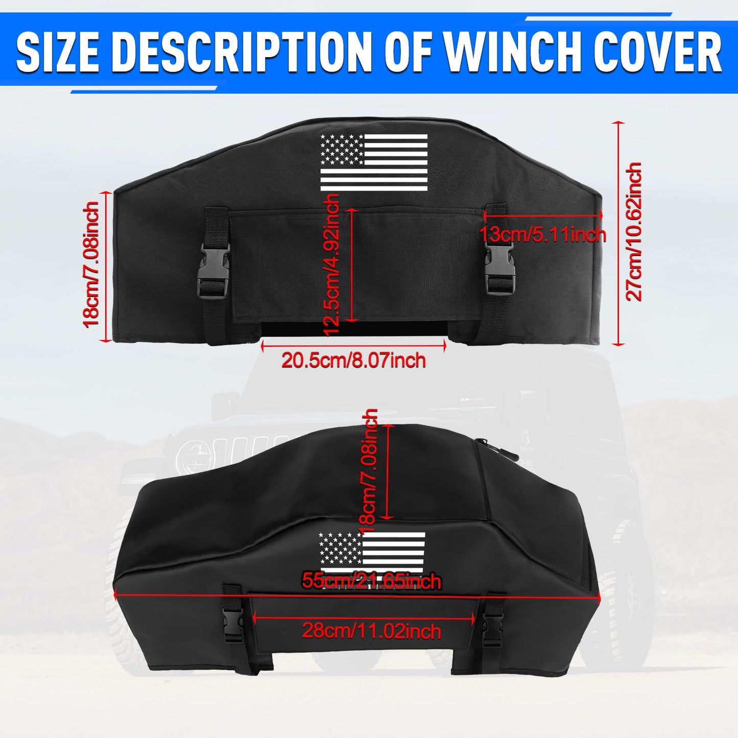 American Flag Winch Cover - Heavy Duty 900D Waterproof for 8000-12000 lbs Winches