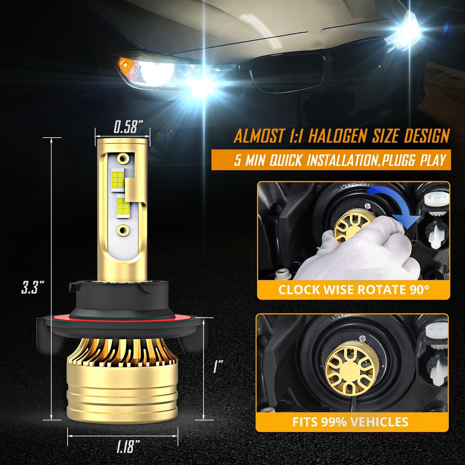 Fit For Ford F150 2004-2014 LED Bulbs Combo,9008 H13 High&Low Beam+9145 Fog Light Bulbs,6000K White,500% Brightness,9008 9145 Light Bulbs,Plug and Play,Pack of 4