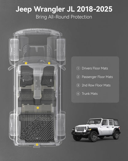 All-Weather TPE Floor Liner Set for 2018-2026 Jeep Wrangler JL 4-Door (Black)