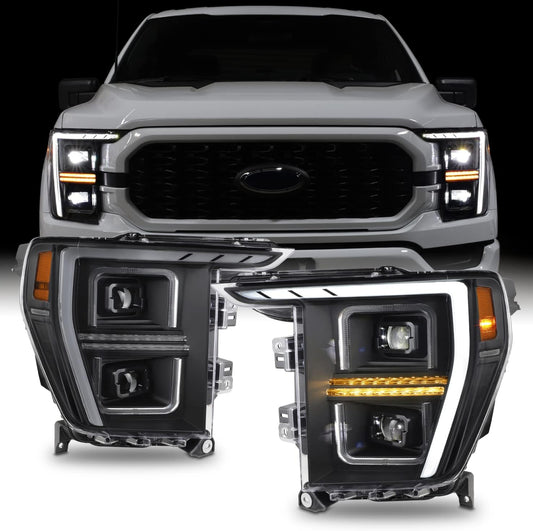 AKKON -Fit 2021-2023 Ford F150 LED DRL Sequential Signal [Halogen Type] Projector Black Headlights Pair Driver+Passenger