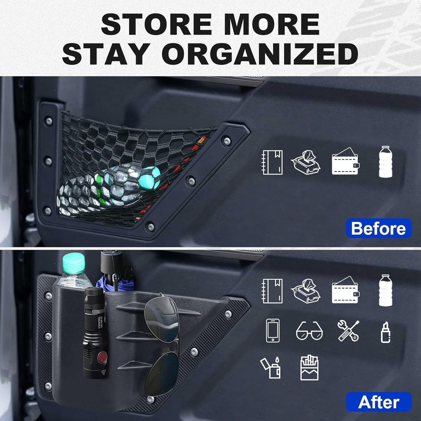 4-PCS Door Storage Pockets for 2021-2025 Ford Bronco 4-Door - Front & Rear Organizer with Cup Holder (Excludes Sport)