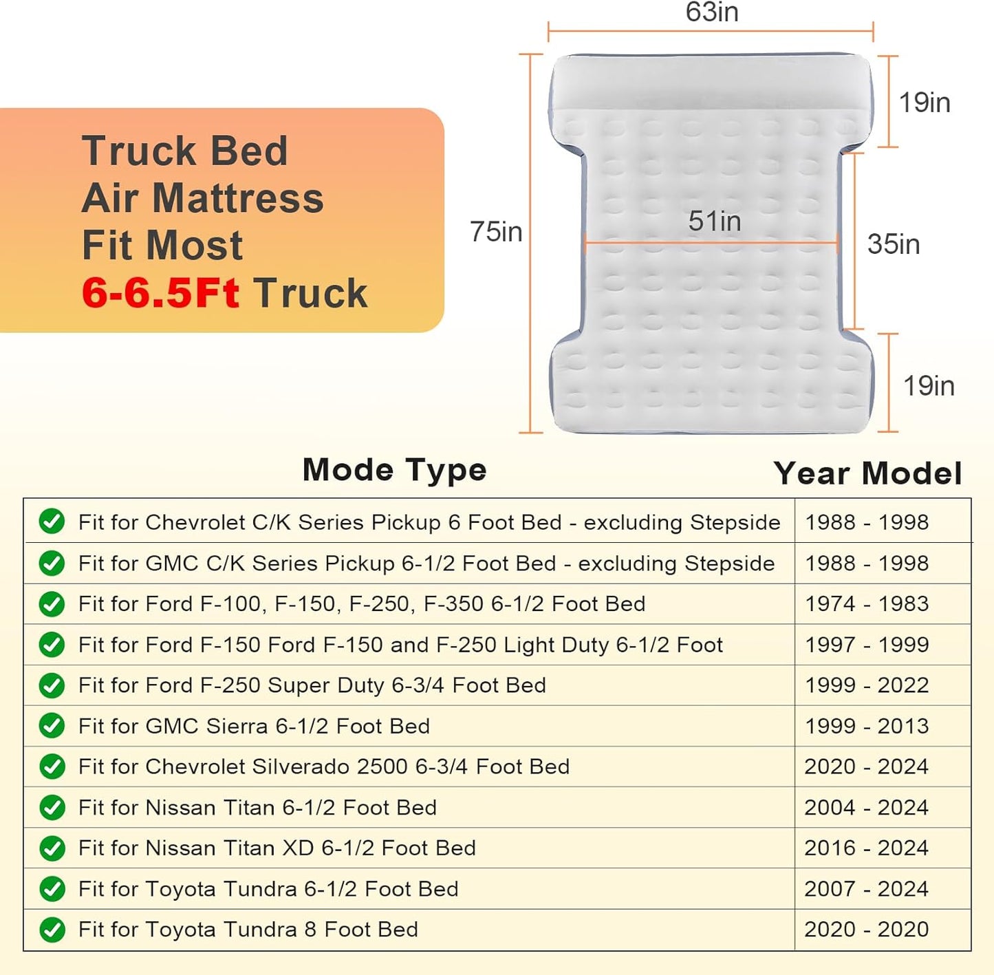 Inflatable Truck Bed Mattress for 6-6.5ft Short Beds - Full Size, w/Wireless Rechargeable Air Pump