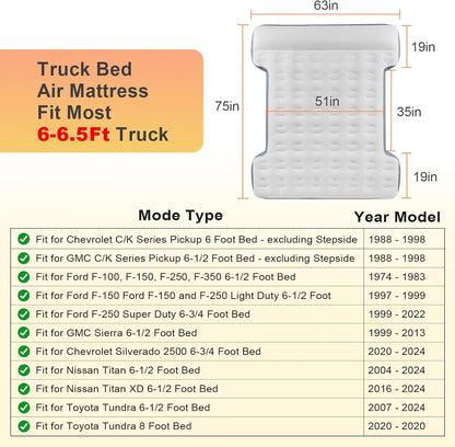 Inflatable Truck Bed Mattress for 6-6.5ft Short Beds - Full Size, w/Wireless Rechargeable Air Pump