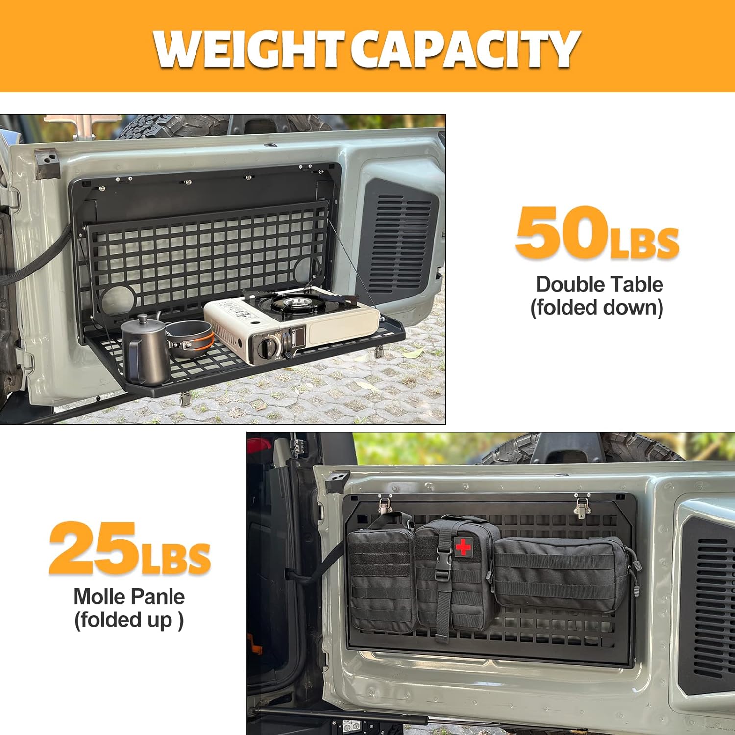 MAIKER Tailgate Table Folding 2-Tier Rear Camping Cargo Storage Shelf for Ford Bronco Accessories 2021 2022 2023 2/4 Doors, Aluminum Alloy