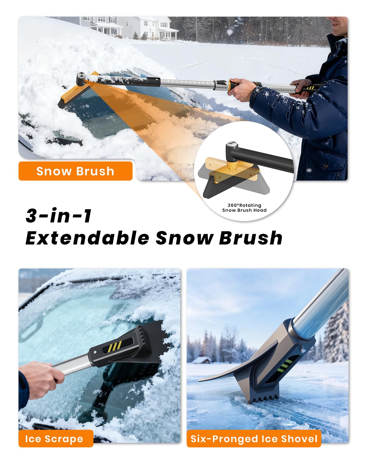 43.7" Extendable Ice Scraper with 360° Pivoting Brush - 12 Length Settings, Orange