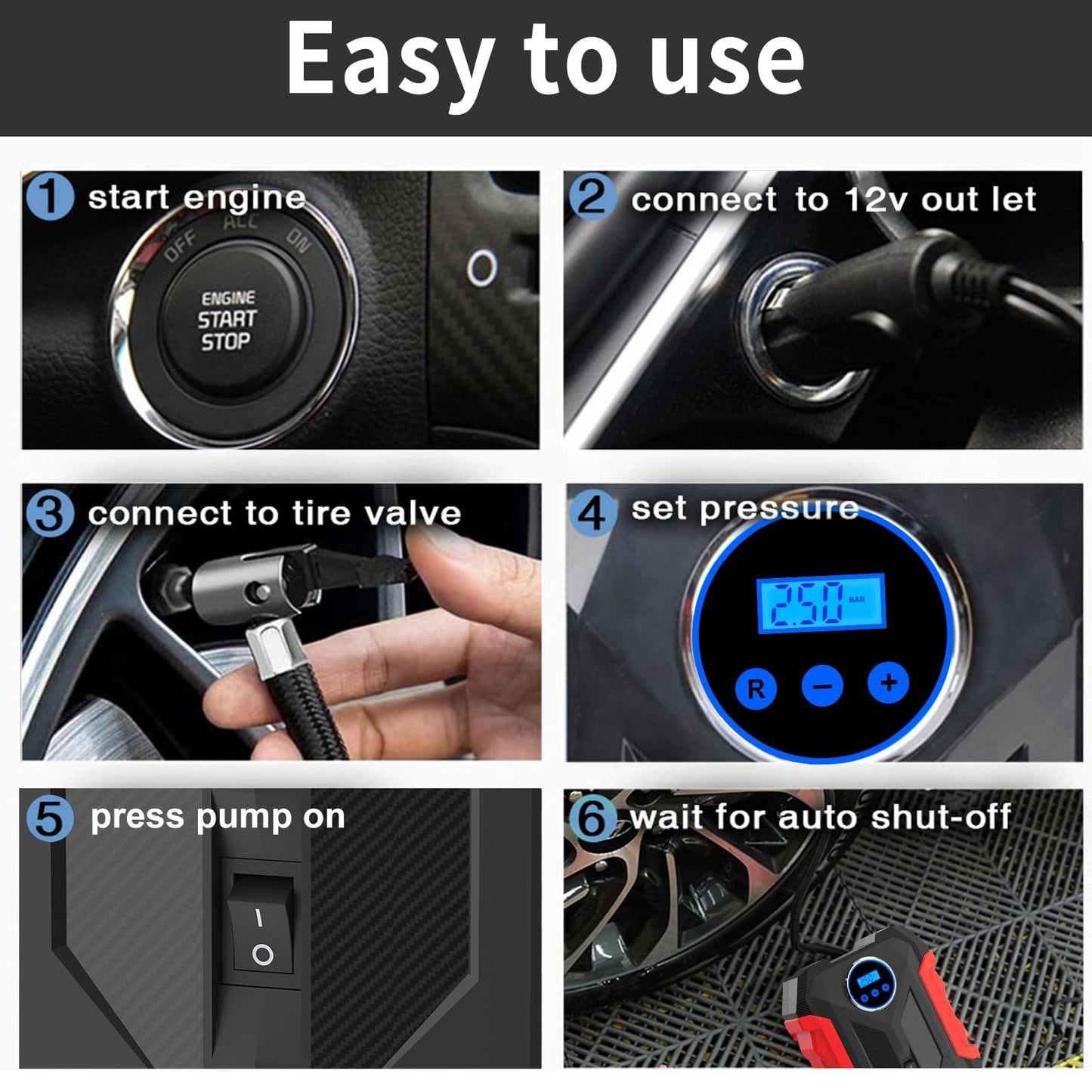 12V Portable Digital Tire Inflator with LED Light - Car Auto Air Compressor