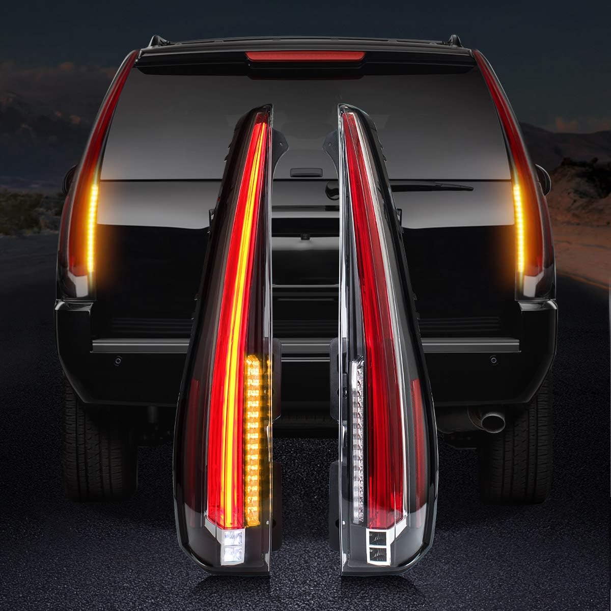 YUANZHENG Full LED Tail Lights Assembly for [GMC Yukon, Chevrolet Tahoe Suburban 3rd Gen SUV 2007-2014 (NO Need Bulbs)] Rear Tail Lamps with Amber Turn Signal, YAB-KLD-0156B (Red)
