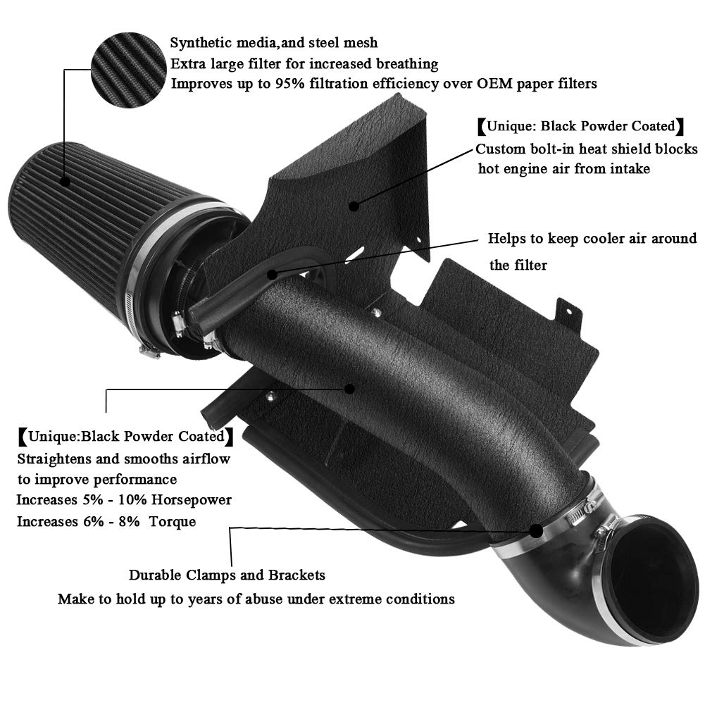 4" Black Cold Air Intake + Heat Shield for 1999-2006 Chevy/GMC V8 4.8L-6.0L Silverado 1500/2500/3500