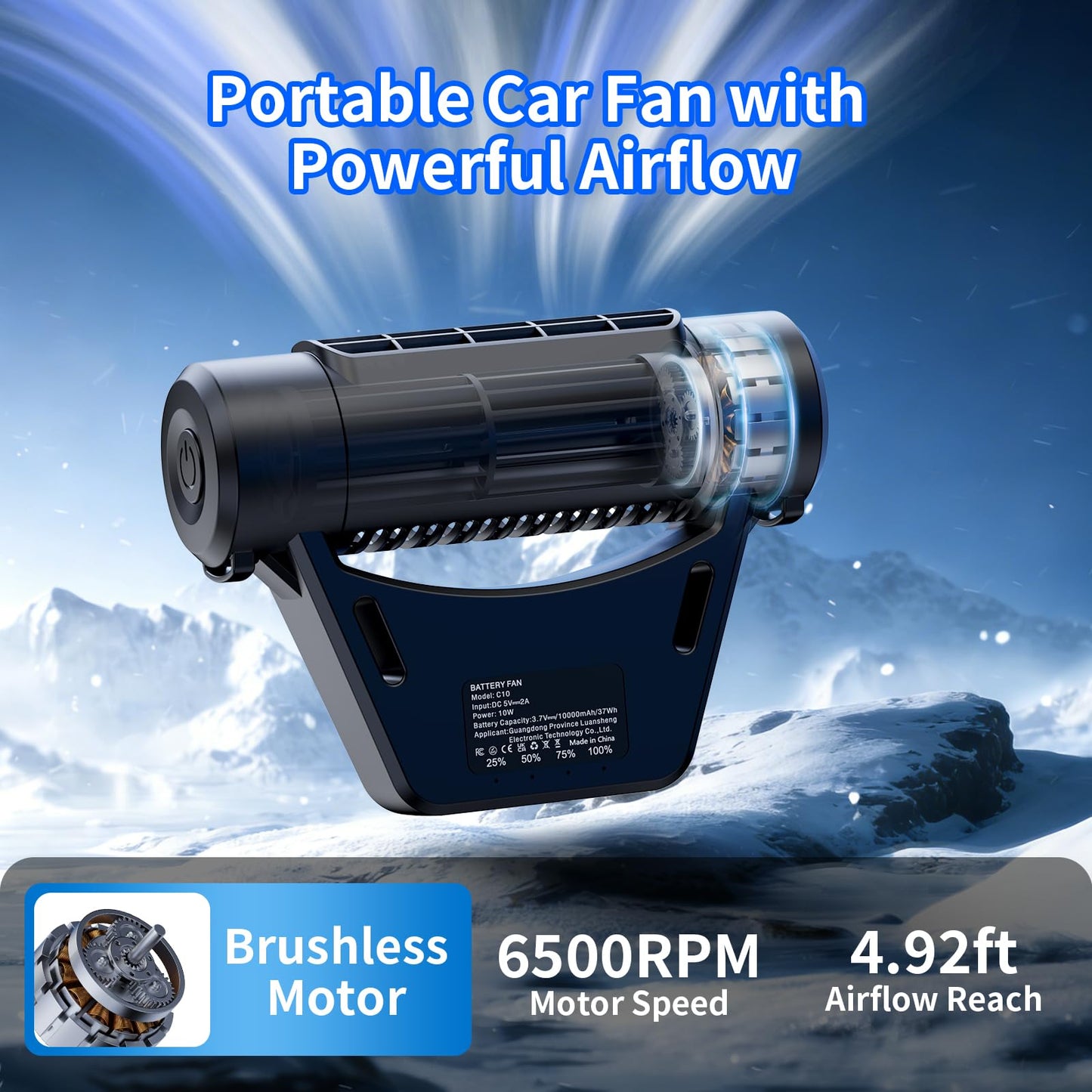 Portable 10000mAh Car Fan, 4-Speed Rechargeable for Backseat Cooling