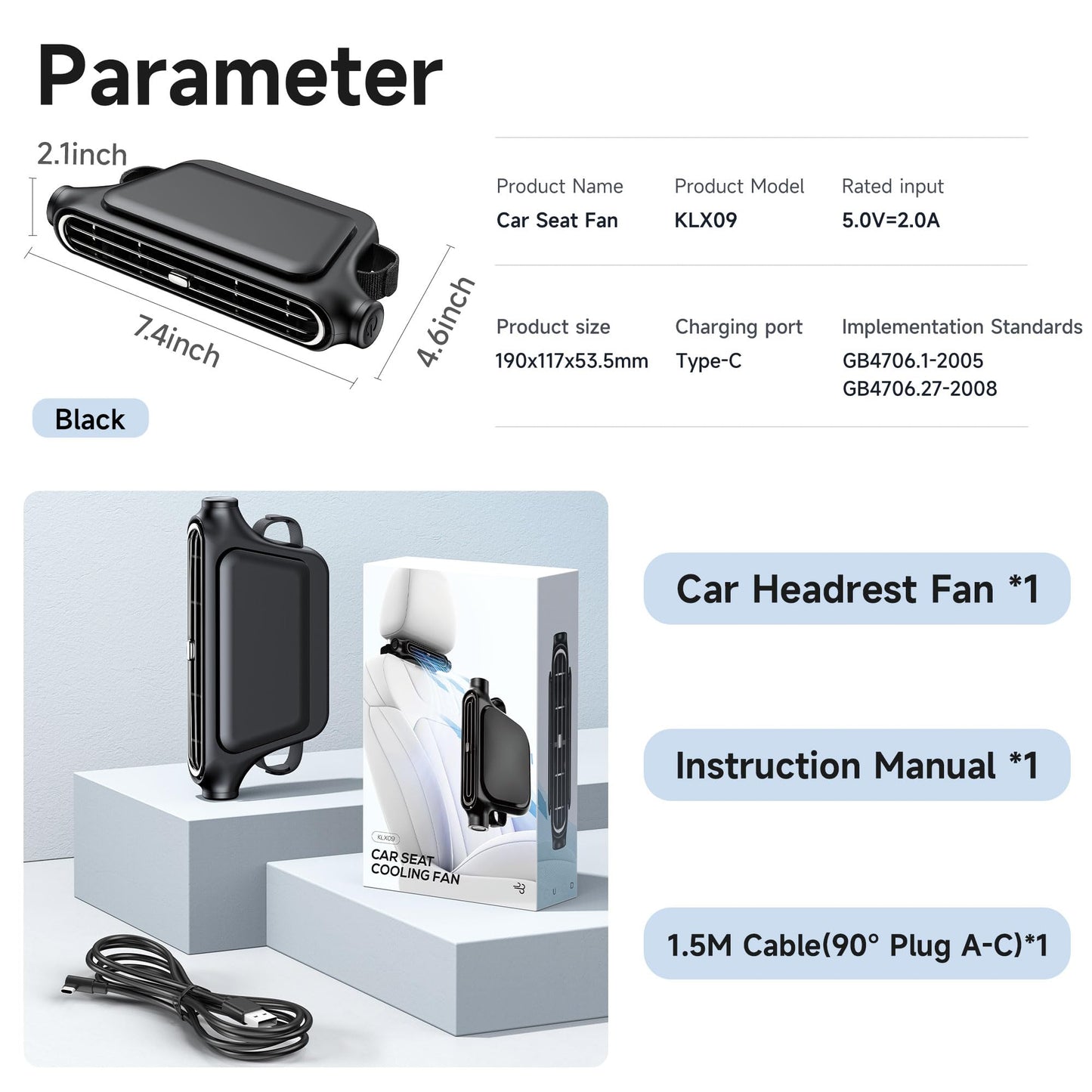 Backseat Car Fan, USB Headrest Cooling for Kids