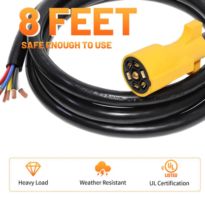 8ft 7-Pin Trailer Plug Cord - Double Prongs, Heavy Duty Pure Copper for RV/Trailer Side Replacement