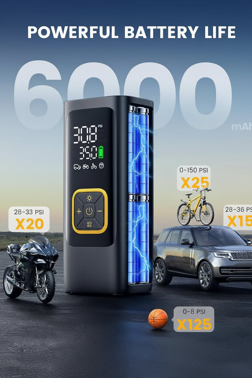 4X Faster 150PSI Cordless Tire Inflator - Rechargeable, LED Light, Auto Pump for Car/Bike/Ball