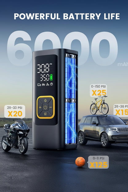4X Faster 150PSI Cordless Tire Inflator - Rechargeable, LED Light, Auto Pump for Car/Bike/Ball