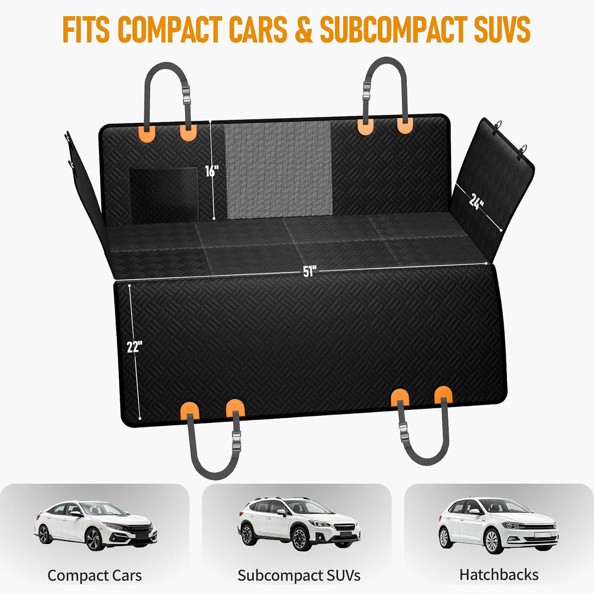 400 lb Hard-Bottom Dog Hammock - 51" Waterproof Scratch-Proof for Compact Cars/SUVs