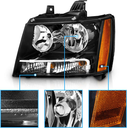 Halogen Car Headlight Pair With Bulbs and Harness Replacement For Chevy Tahoe Suburban Avalanche - OHMU