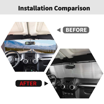 Windshield Sunshade Sun Shade Heat Shield Sun Visor Mat Compatible with Jeep Wrangler Rubicon Sahara TJ JK JKU 2 Door & 4 Door
