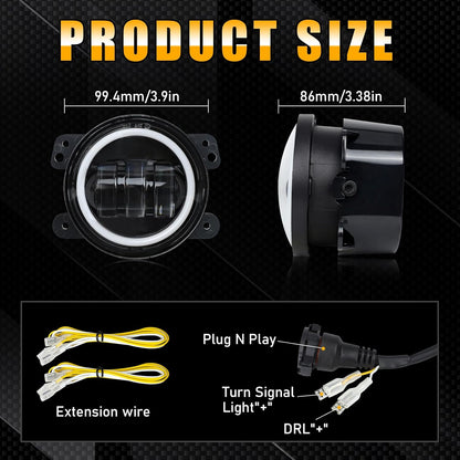 2PCS LED Fog Lights for 2018-2025 Jeep JL & JT - White DRL & Amber Halo, Plug & Play