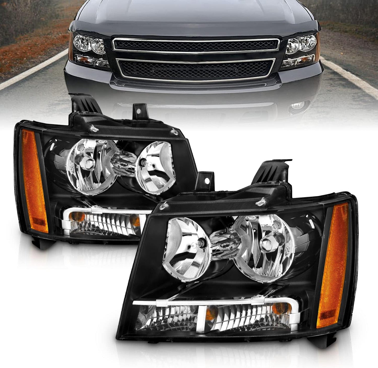 Halogen Car Headlight Pair With Bulbs and Harness Replacement For Chevy Tahoe Suburban Avalanche