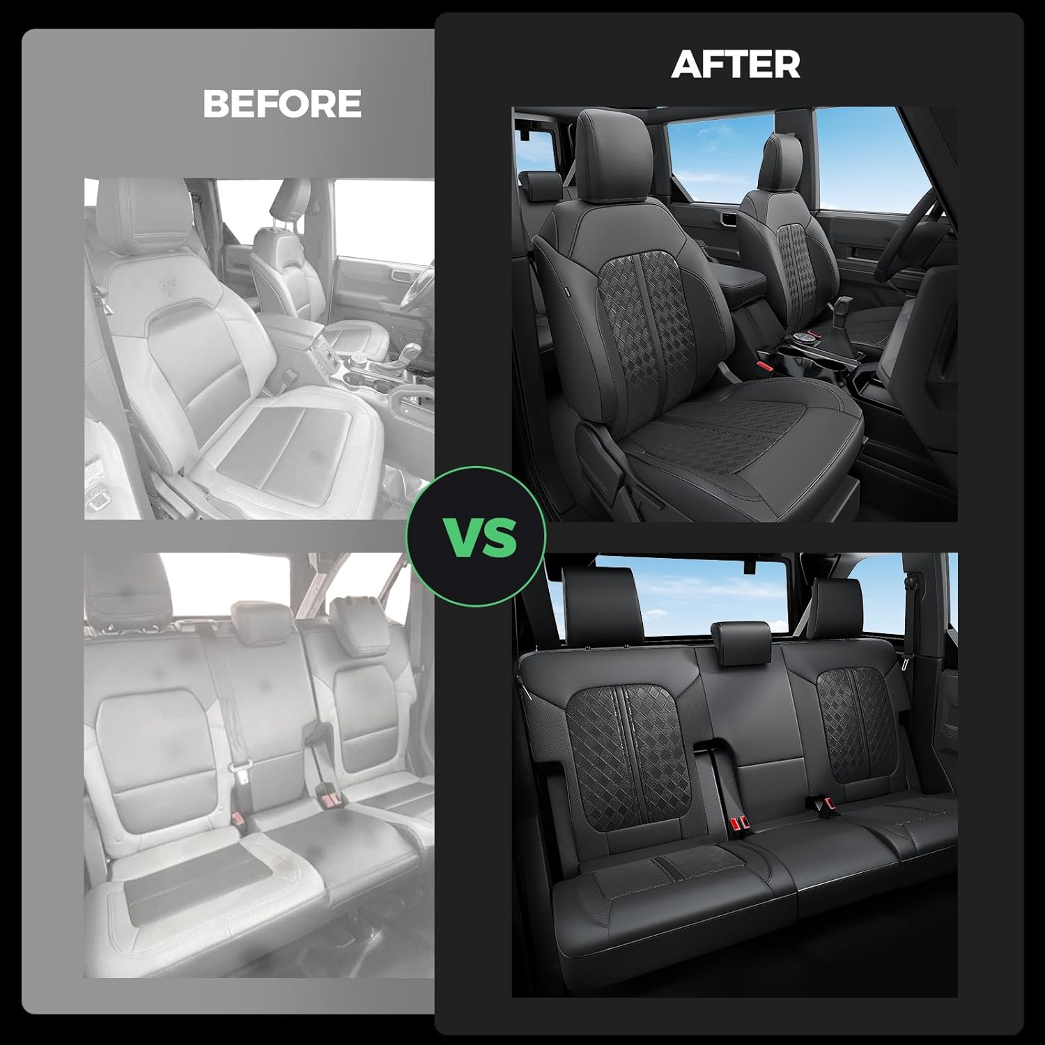 for Ford Bronco Leather Seat Covers 4 Door 2021 2022 2023 2024 2025, Custom Fit Car Seat Cover Full Set, Luxury Waterproof Interior Protectors Accessories, Black (W/O Rear Armrest)