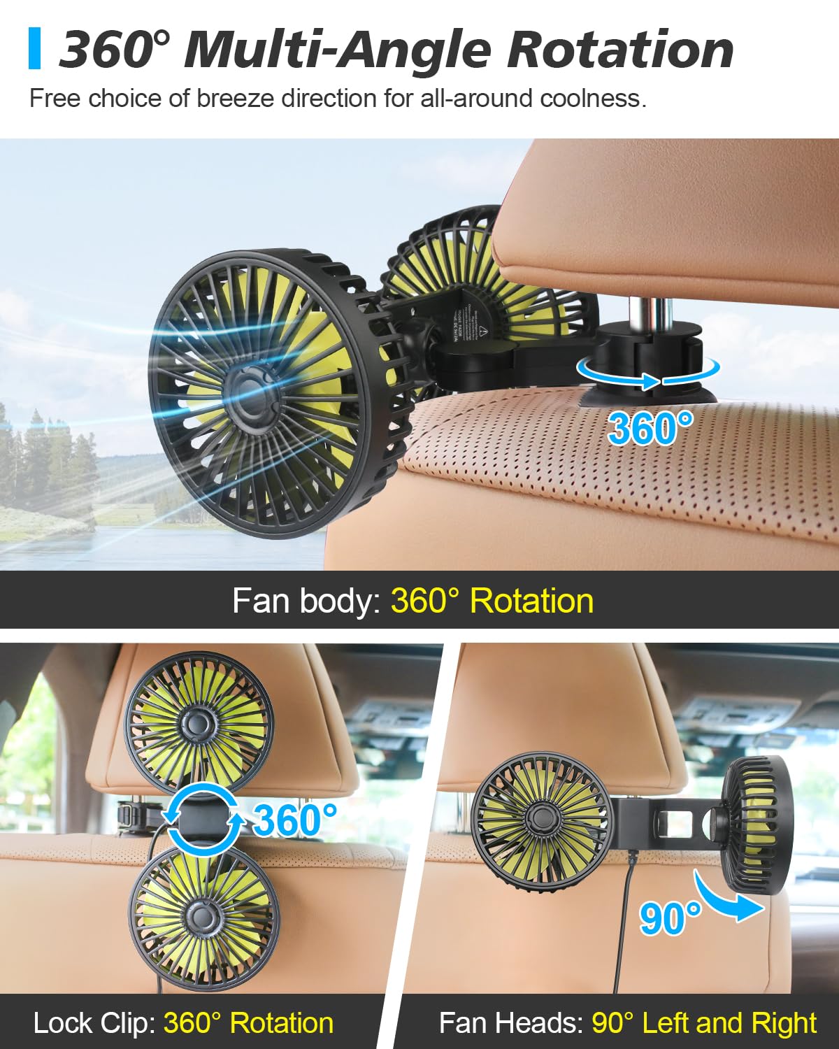 Dual Head USB Car Fan for Backseat Cooling