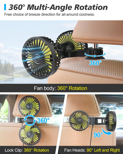 Dual Head USB Car Fan for Backseat Cooling