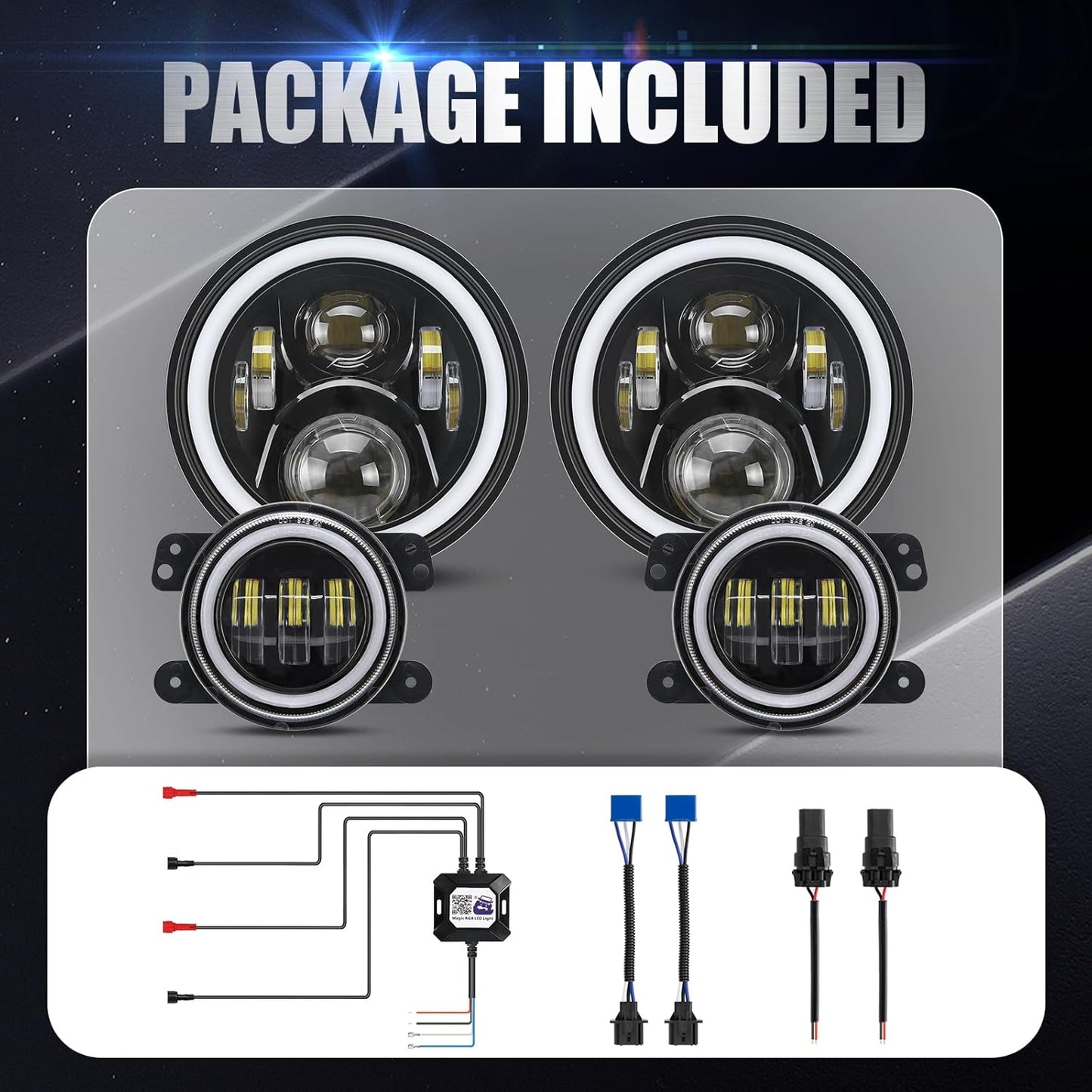 7" RGB LED Headlights & Fog Lights with Halo - DOT Approved for Jeep