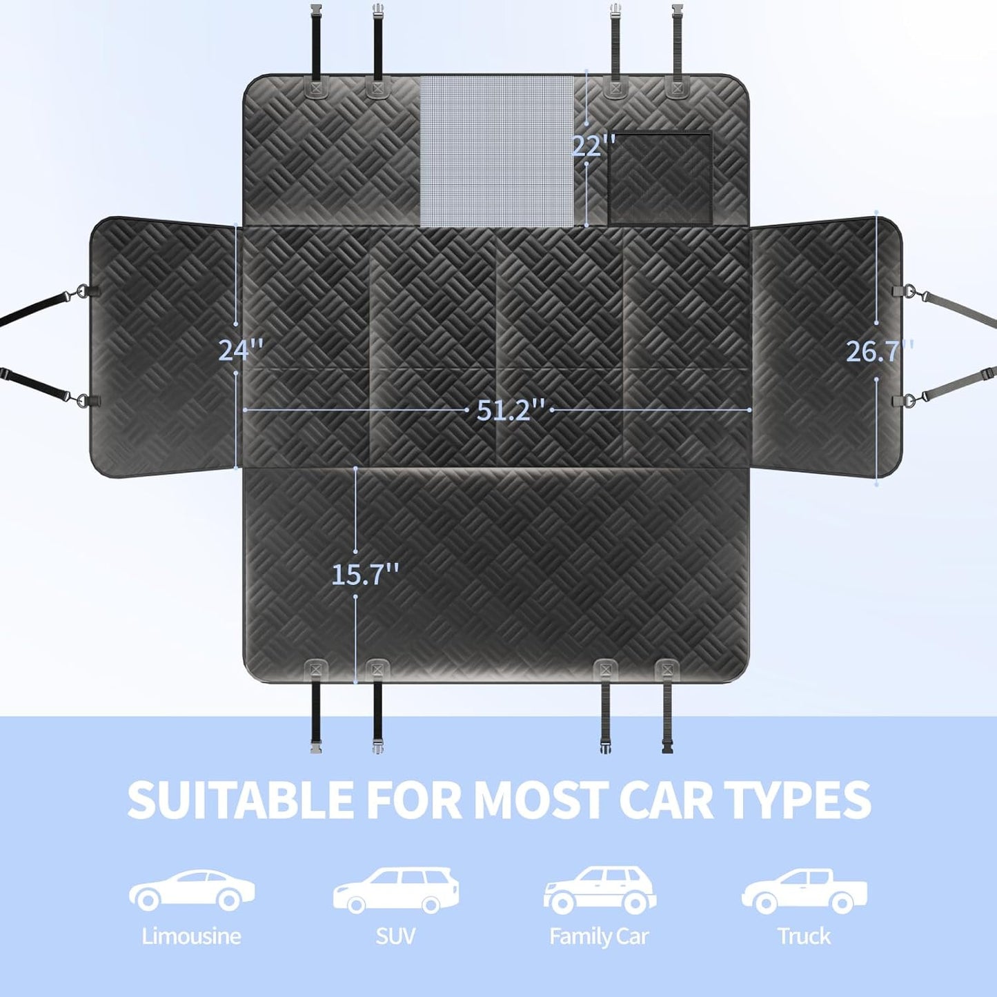 400 lb Hard-Bottom Dog Seat Cover - 600D Waterproof Scratch-Proof Hammock for Car/SUV