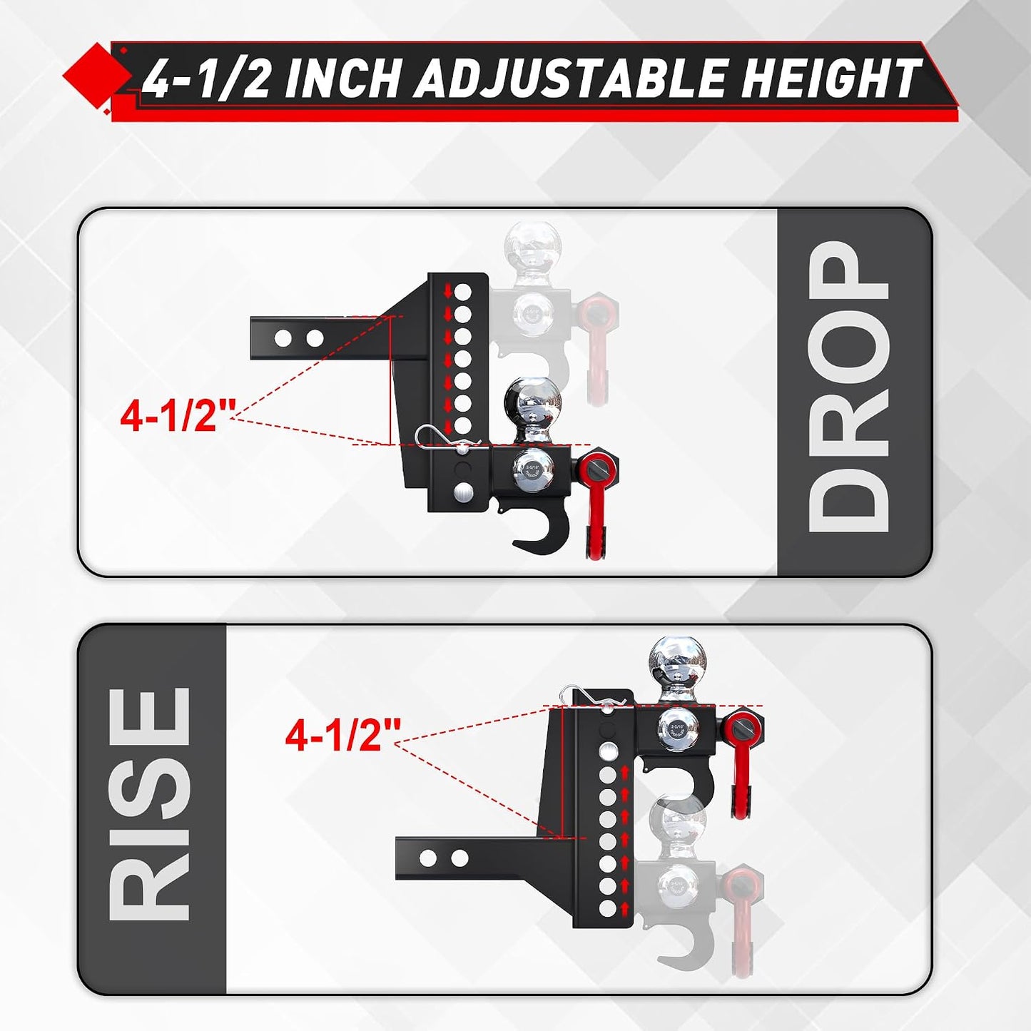 Adjustable Tri-Ball Hitch (4.5") for 2" Receiver - Triple Balls, Tow Hook, 10k GTW, Pin Lock + Tightener