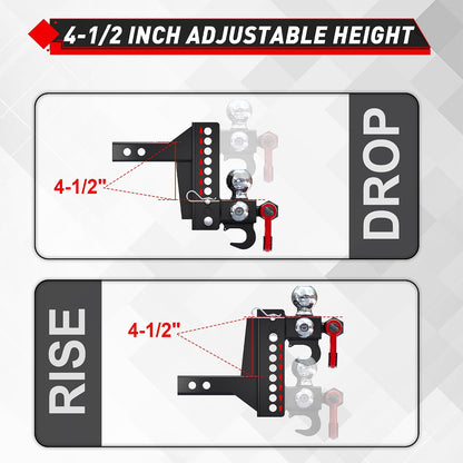 Adjustable Tri-Ball Hitch (4.5") for 2" Receiver - Triple Balls, Tow Hook, 10k GTW, Pin Lock + Tightener